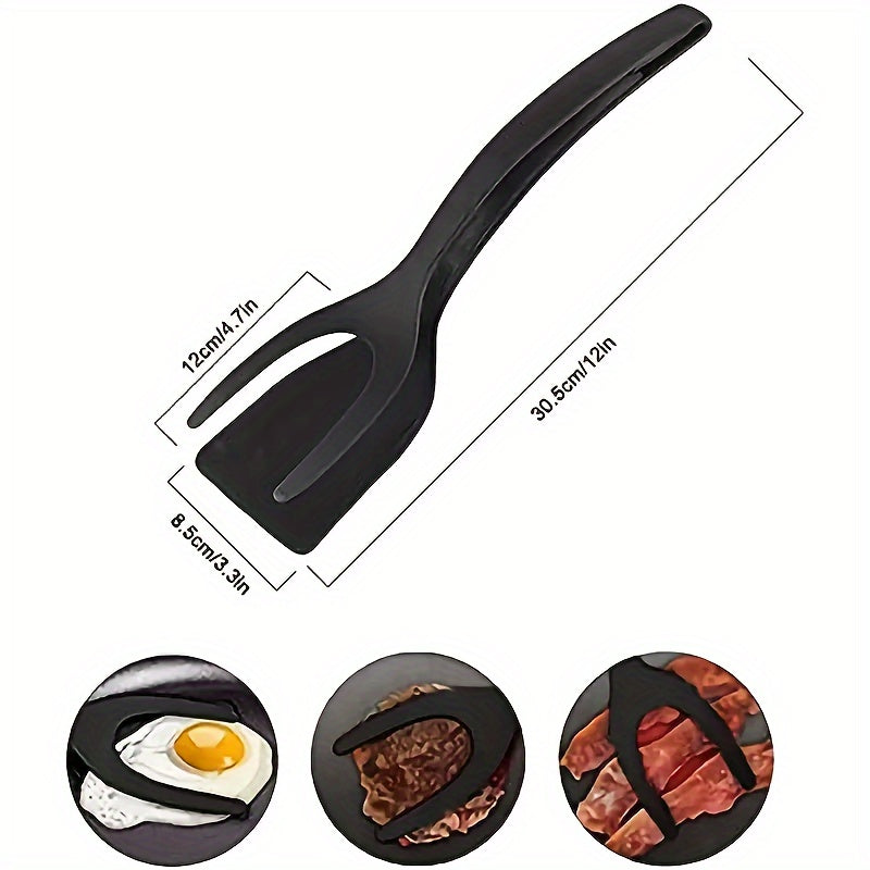 HighPeak FlipGrip™ - 2 in 1 Spatula Tongs in black with measurements, shown flipping eggs, steak, and bacon