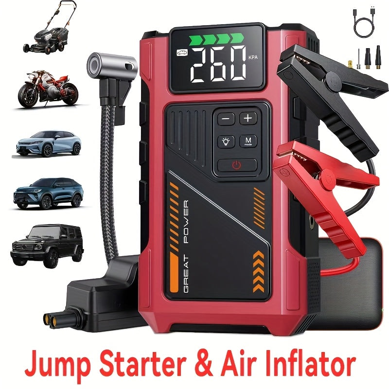 RoadRevive™ jump starter and air inflator in red and black with digital display, clamps, hose, and versatile vehicle use.