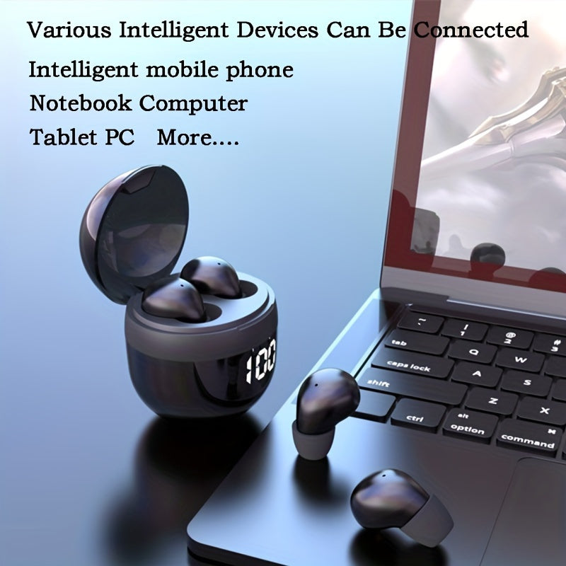 Mini Wireless Earbuds by HighPeak in black with digital charging case next to laptop showing wireless connectivity options