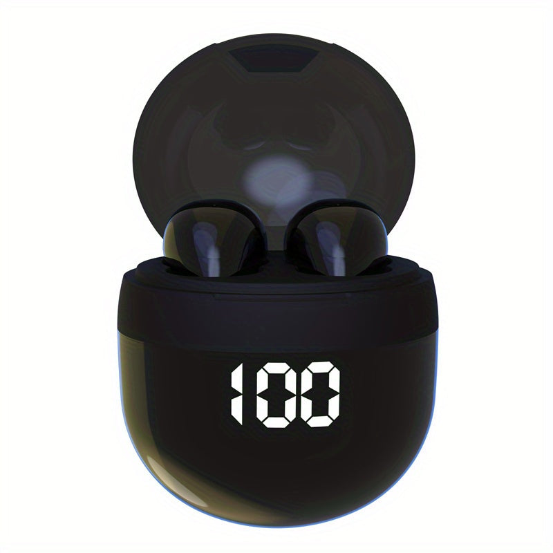 HighPeak Mini Wireless Earbuds in black with charging case and LED battery display showing 100 percent charge