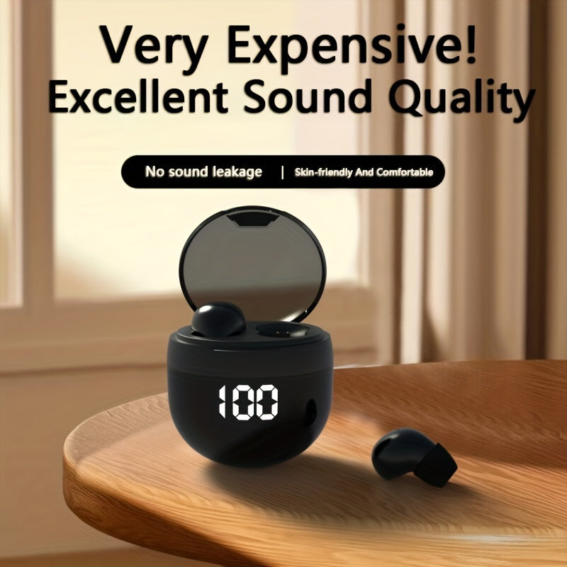 HighPeak Mini Wireless Earbuds in black with digital charge display on wood table highlighting sound quality and comfort