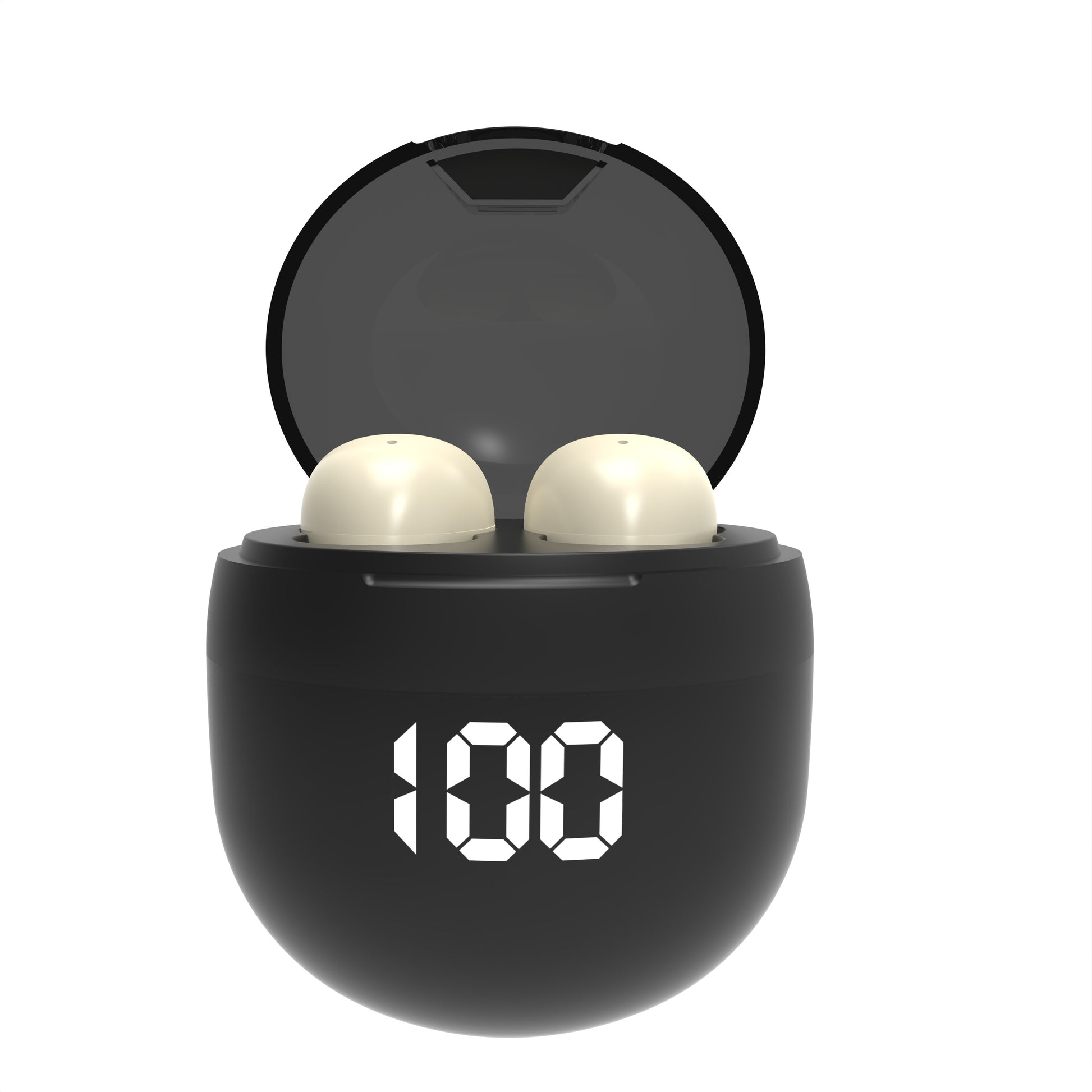 HighPeak Mini Wireless Earbuds in black charging case showing digital battery level with beige earbuds inside