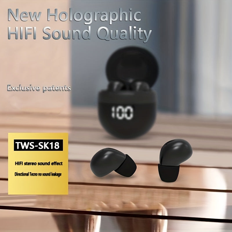 Mini Wireless Earbuds by HighPeak in black with charging case showing battery level on a wooden surface