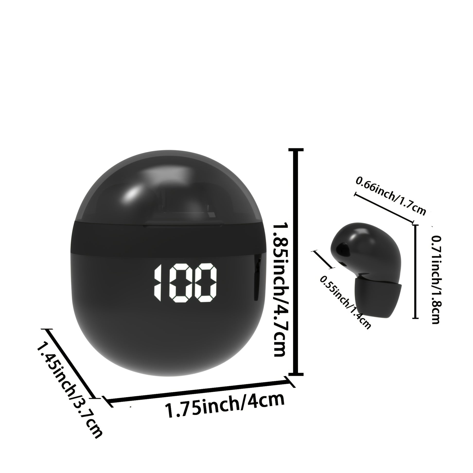 HighPeak Mini Wireless Earbuds in black with digital charging case showing battery level and compact dimensions