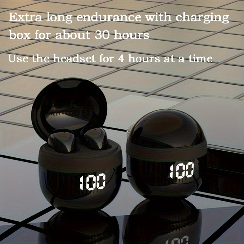 HighPeak Mini Wireless Earbuds in black with digital display charging case showing battery level on reflective surface
