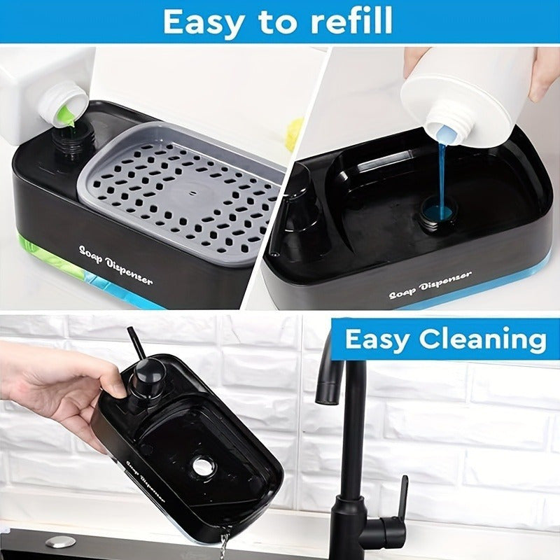 SoapMate™ black dual-chamber soap dispenser with sponge holder being refilled and cleaned by a sink faucet