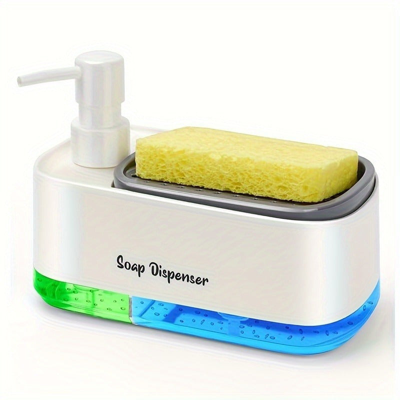 SoapMate™ soap dispenser with built-in sponge holder in white with green and blue base, shown with yellow sponge.