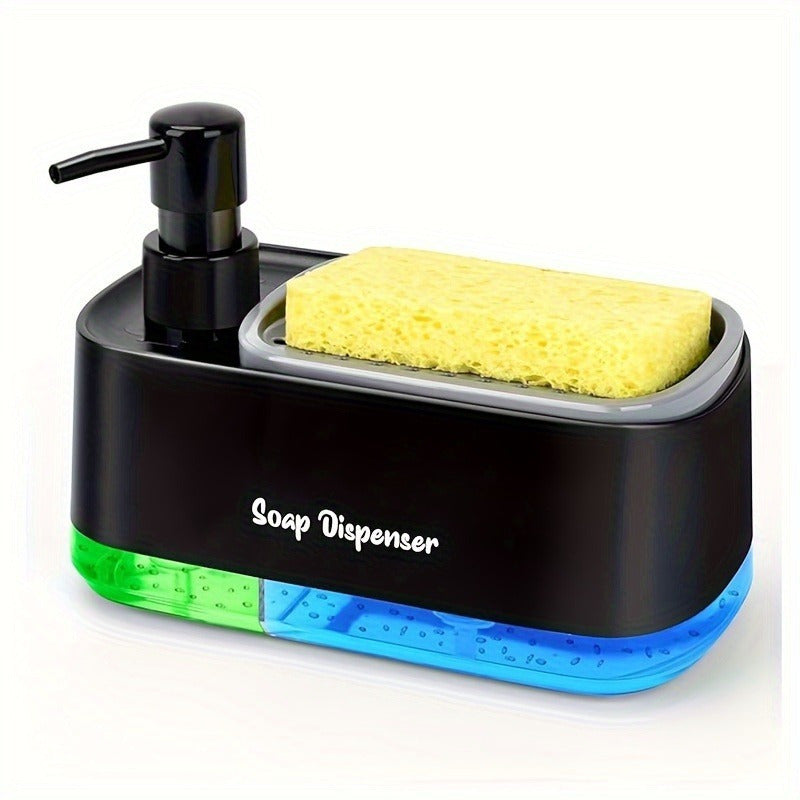 SoapMate™ dual-chamber soap dispenser with sponge storage in black and blue, sleek spill-free kitchen sink accessory.