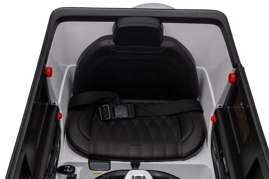 Driveable Mercedes-Benz Car interior with black leather seat, seatbelt, steering wheel, and dashboard controls by HighPeak