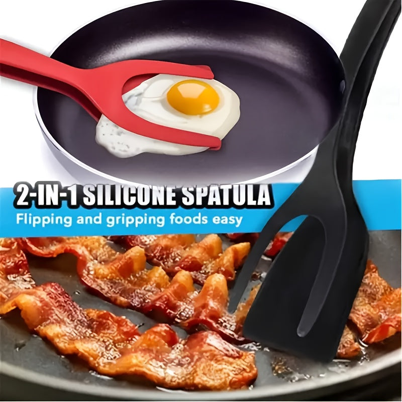 FlipGrip™ - 2 in 1 Spatula Tongs in red and black silicone gripping an egg and cooking bacon on non-stick pans by HighPeak