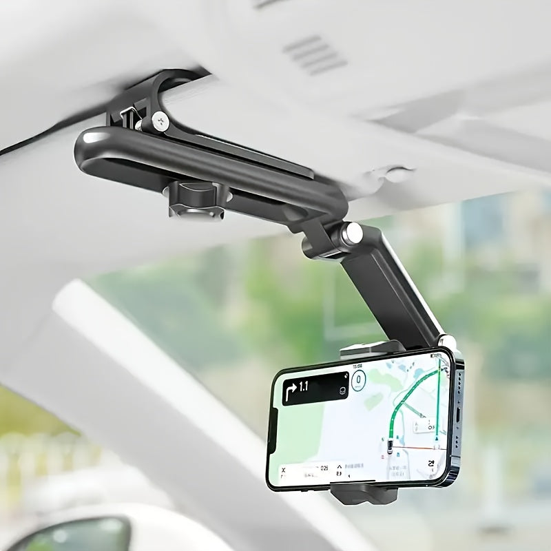 HighPeak FlexiGrip™ rotating phone mount clipped to car visor holding smartphone with GPS navigation visible