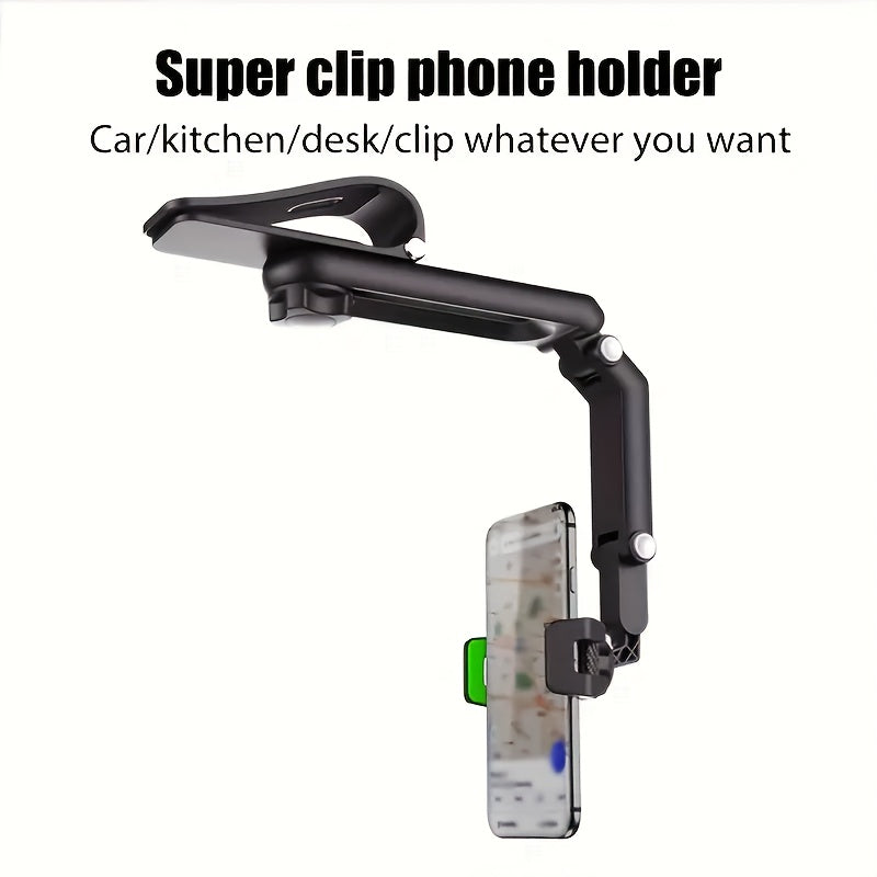 FlexiGrip™ - Rotating Phone Mount in black clipped on a surface holding a smartphone with adjustable arm and 1080° rotation.