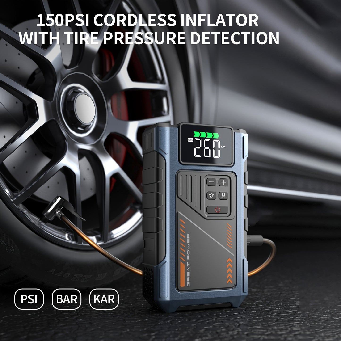 RoadRevive™ - Jump Starter cordless inflator in black and blue with digital tire pressure display near car wheel