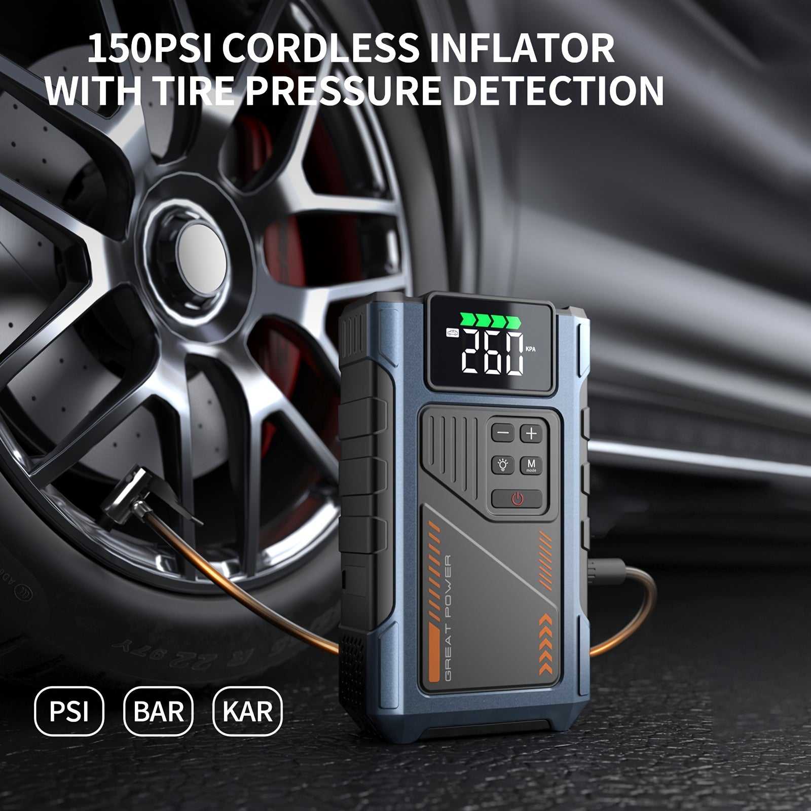 RoadRevive™ - Jump Starter cordless inflator in black and blue with digital tire pressure display near car wheel