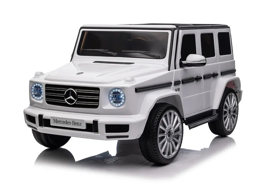 Driveable Mercedes-Benz Car in white with working headlights and detailed design, showcasing HighPeak quality and electric ride features.