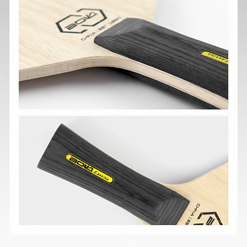 HexaEdge™ - Ping Pong Paddle with black wood handle and light wooden blade showing Hexa Power Shape and HighPeak details