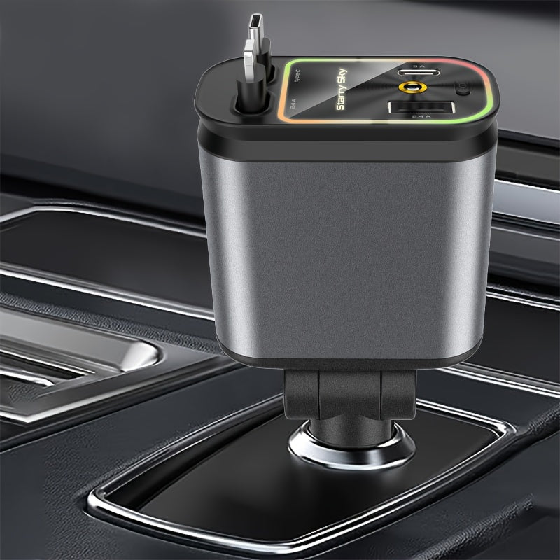 4-in-1 Retractable Car Charger in sleek gray with LED display and dual ports mounted on car dashboard - ambient lighting visible
