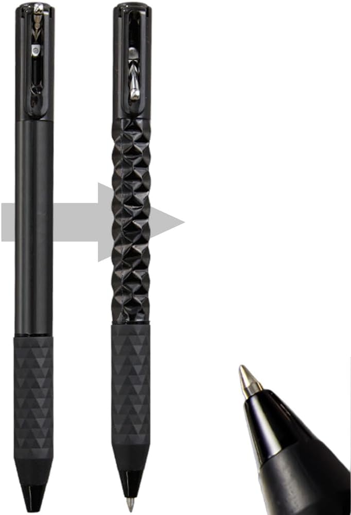 Geometric Metal Crinkle Pen in black with transforming textured pattern shown smooth and crinkled side by side