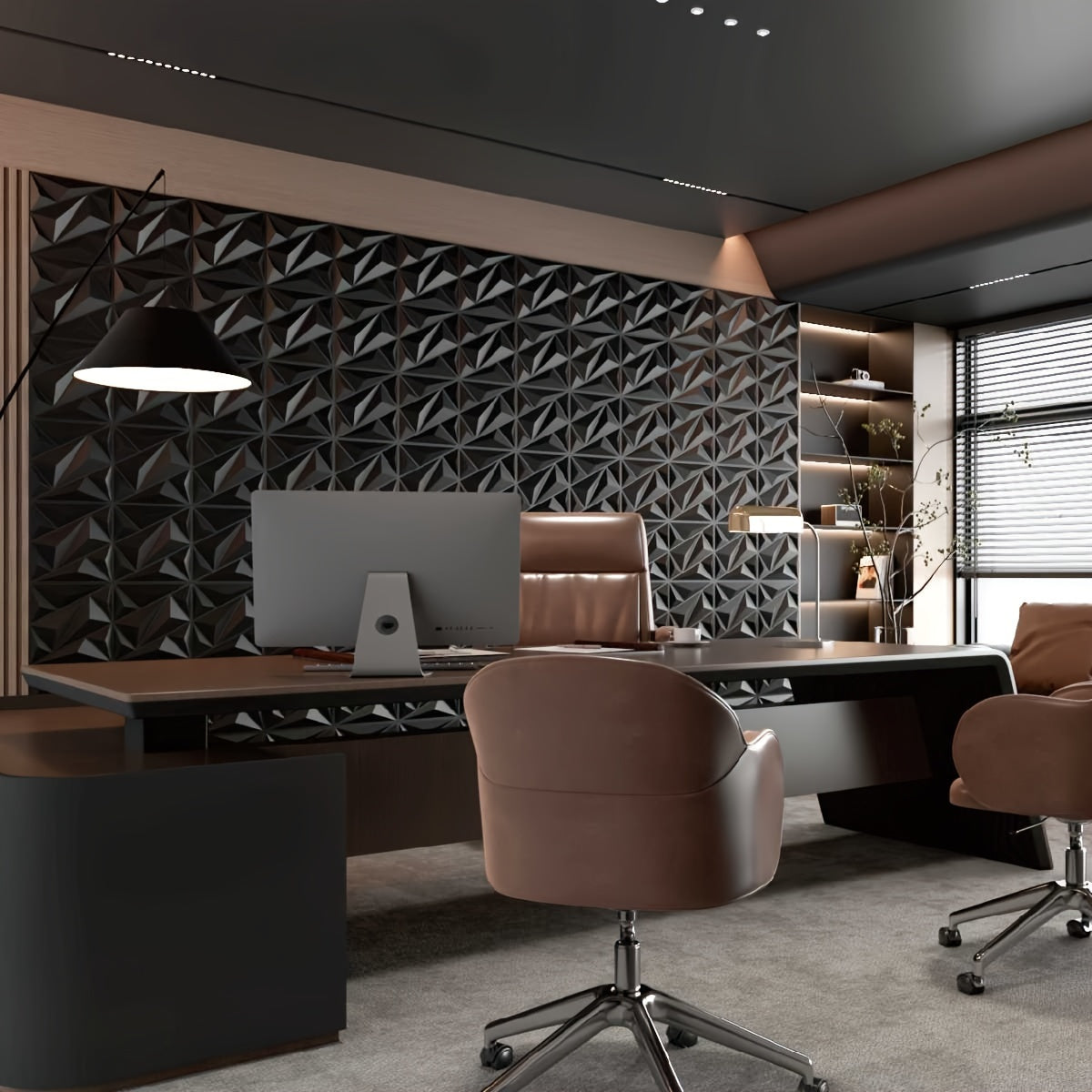 PrismWall™ – 3D Diamond Wall Panels in black geometric design behind modern office desk with leather chairs by HighPeak