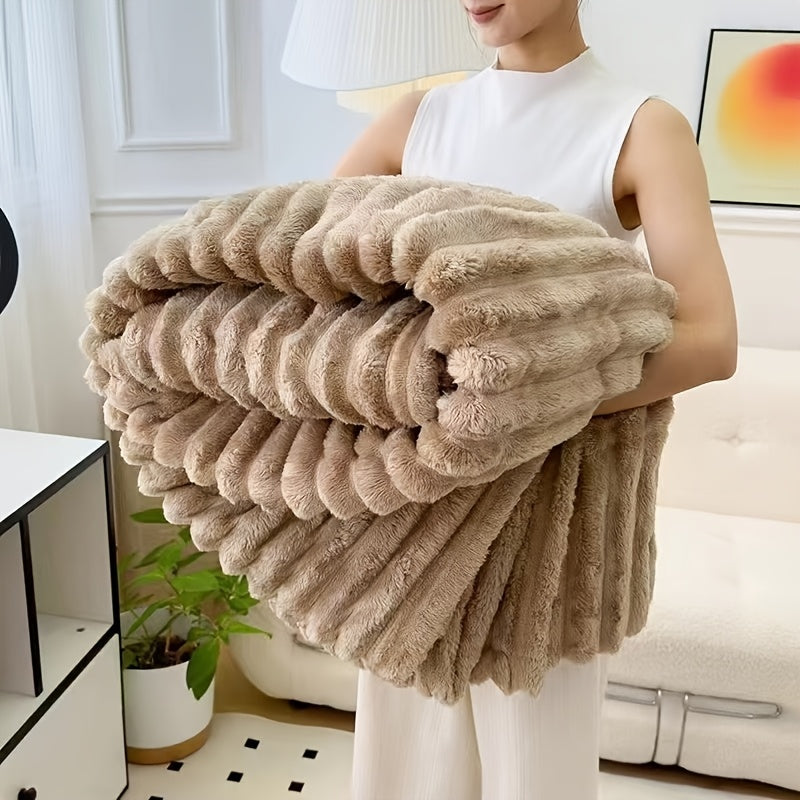 Cozy Fuzzy Blanket in beige with luxurious ribbed faux fur texture, folded to show plush double-sided warmth