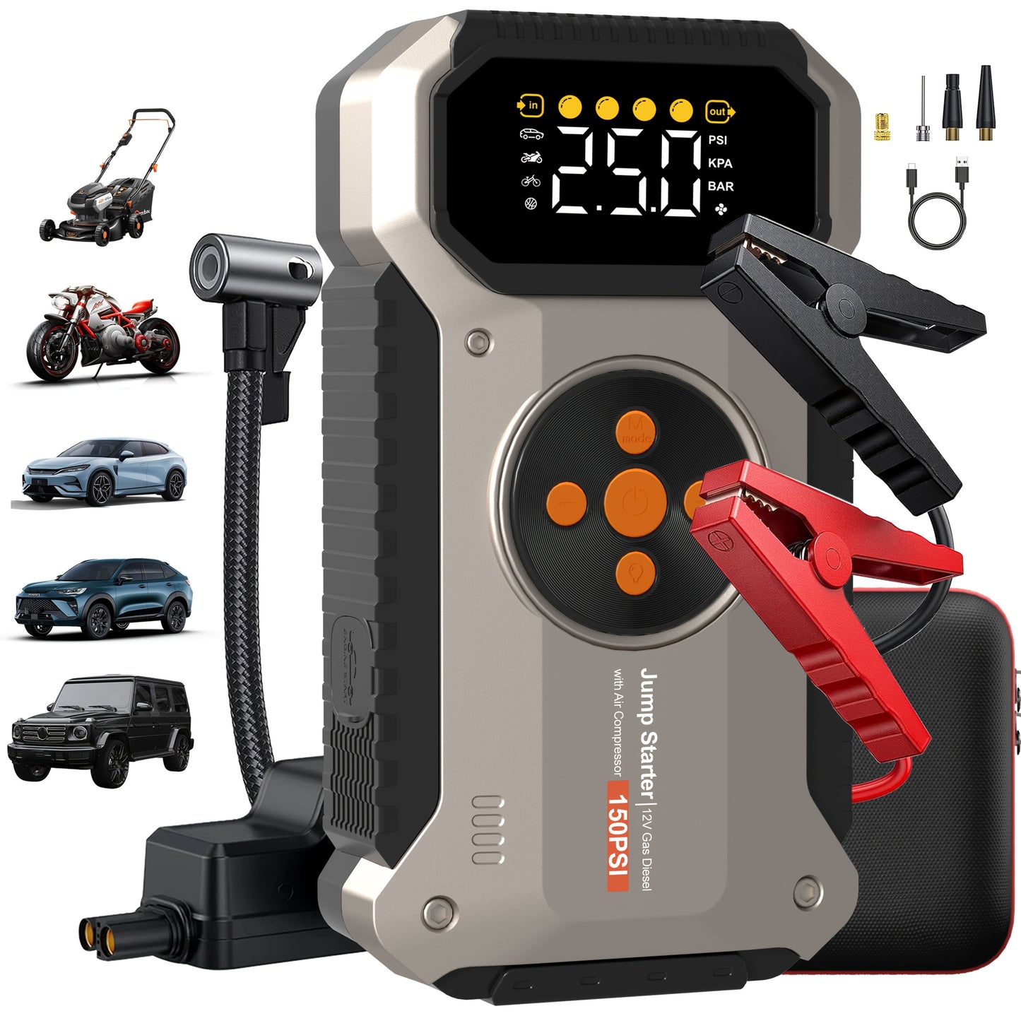RoadRevive™ - Jump Starter with digital display, jumper cables, air compressor hose, and adapters for vehicle emergencies