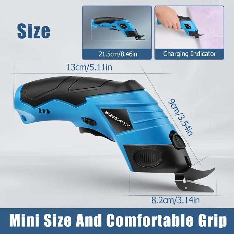 HighPeak Cordless Electric Scissors in blue and black with ergonomic grip and compact size showing charging indicator and blade details.