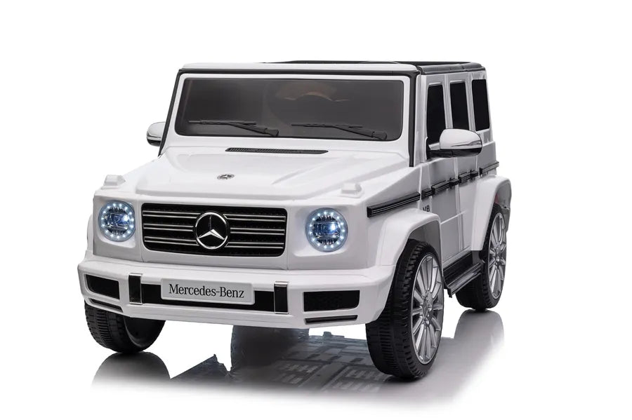 Driveable Mercedes-Benz Car in white with working headlights and detailed design by HighPeak, perfect for kids’ first ride.