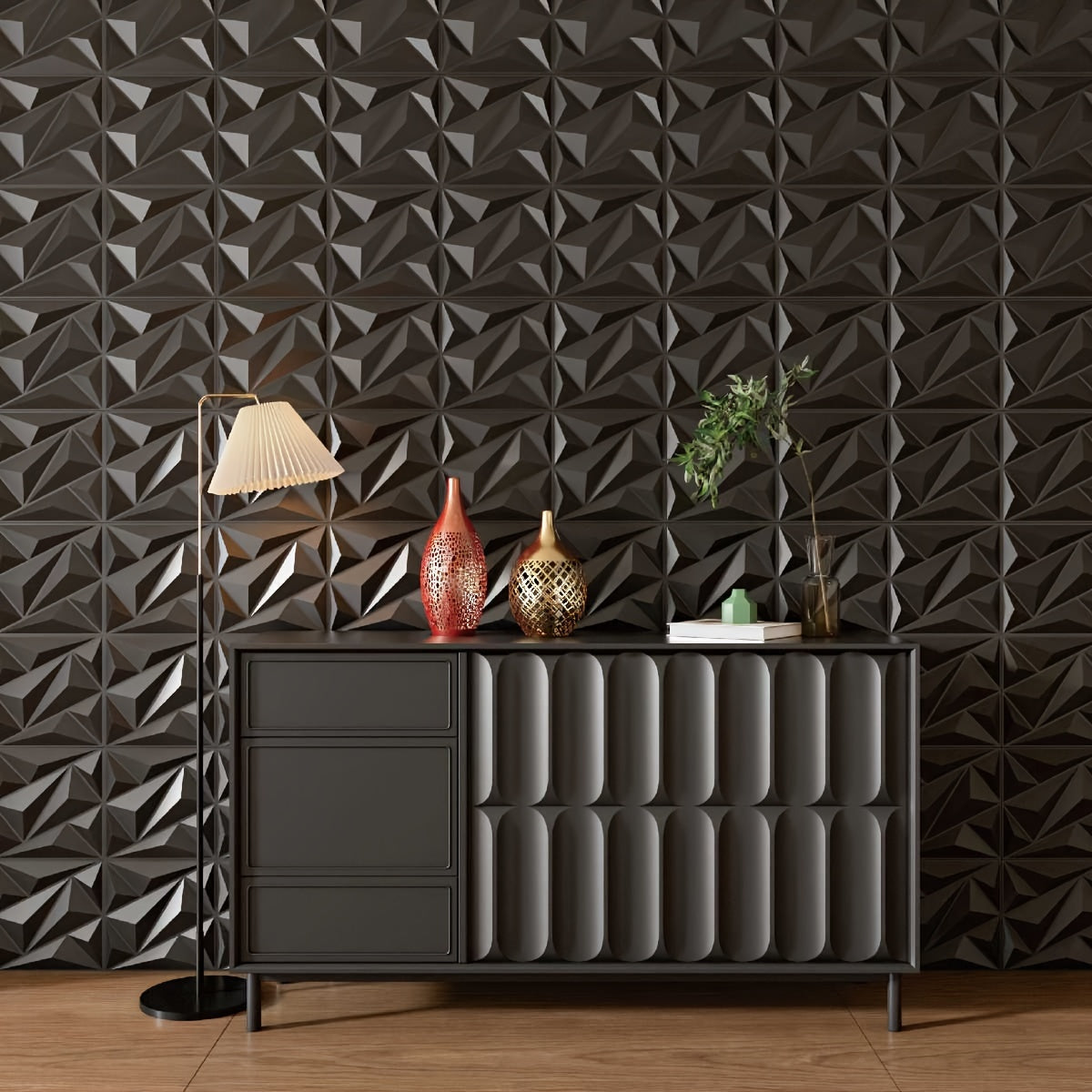HighPeak PrismWall™ – 3D Diamond Wall Panels in dark brown with geometric texture in modern living room setting