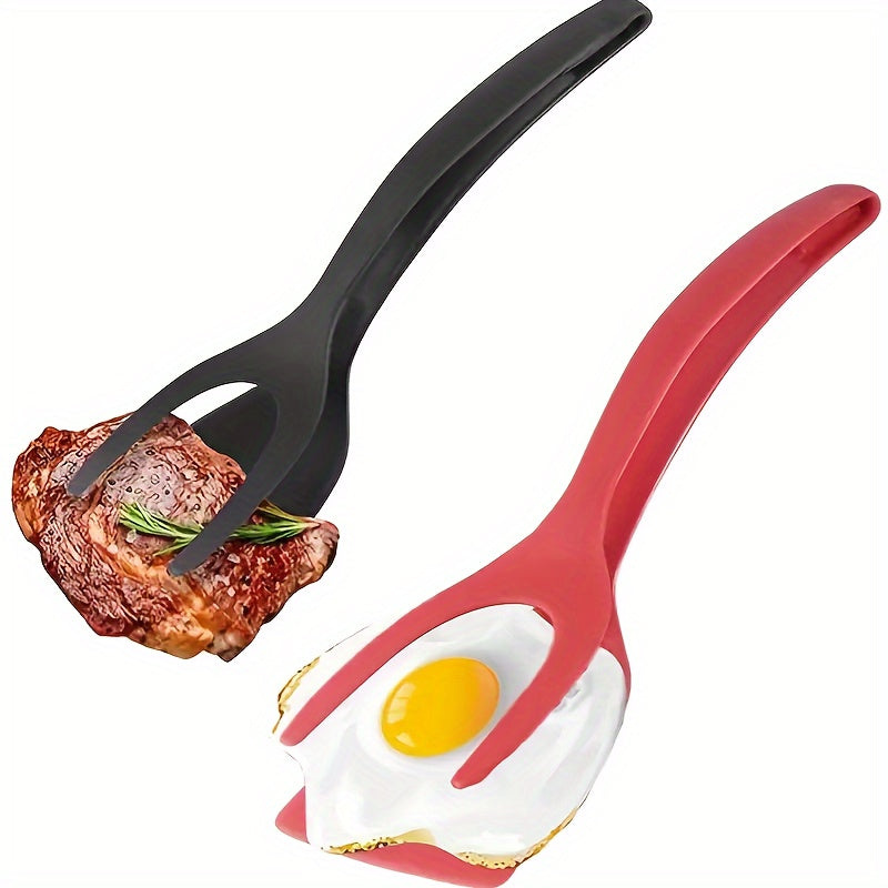 FlipGrip™ 2 in 1 spatula tongs in black and red gripping steak and fried egg, heat-resistant and non-stick friendly.