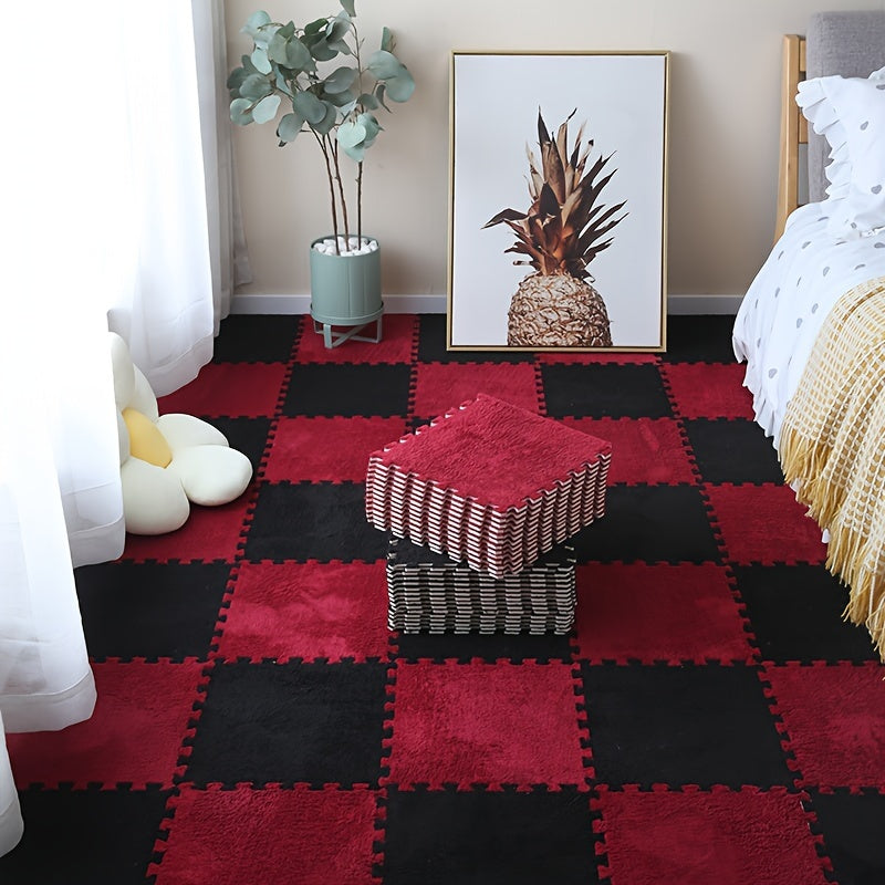 CozyTiles™ 24pc Mat Set in red and black plush floor tiles arranged in a bedroom with decor and soft lighting