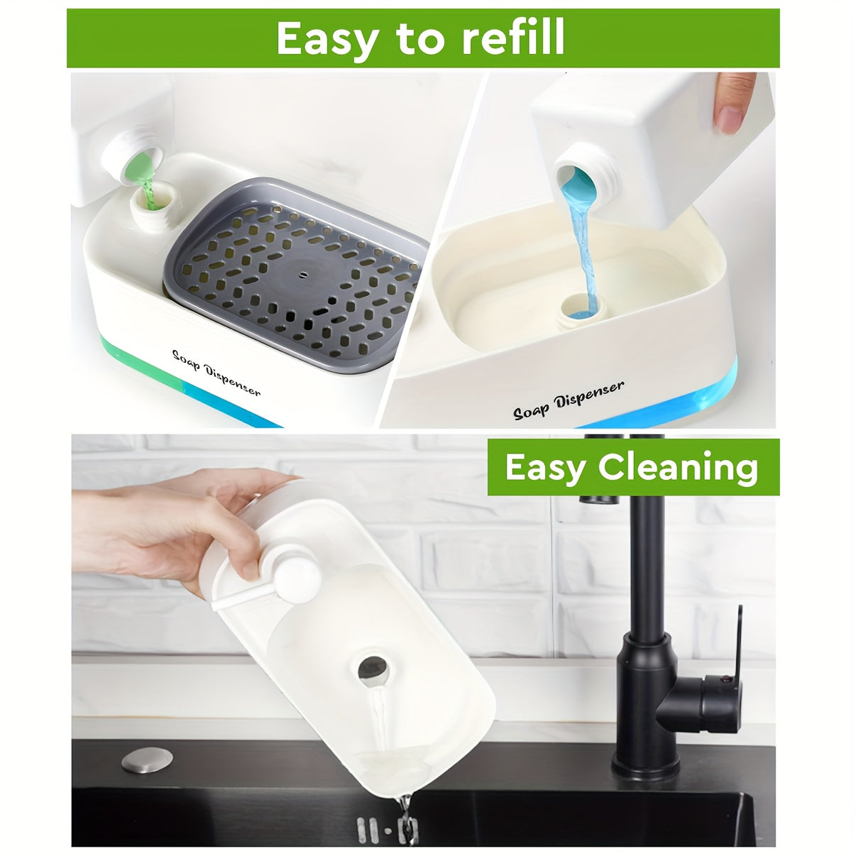 SoapMate™ white manual soap dispenser with built-in sponge holder being refilled and cleaned by a kitchen sink.