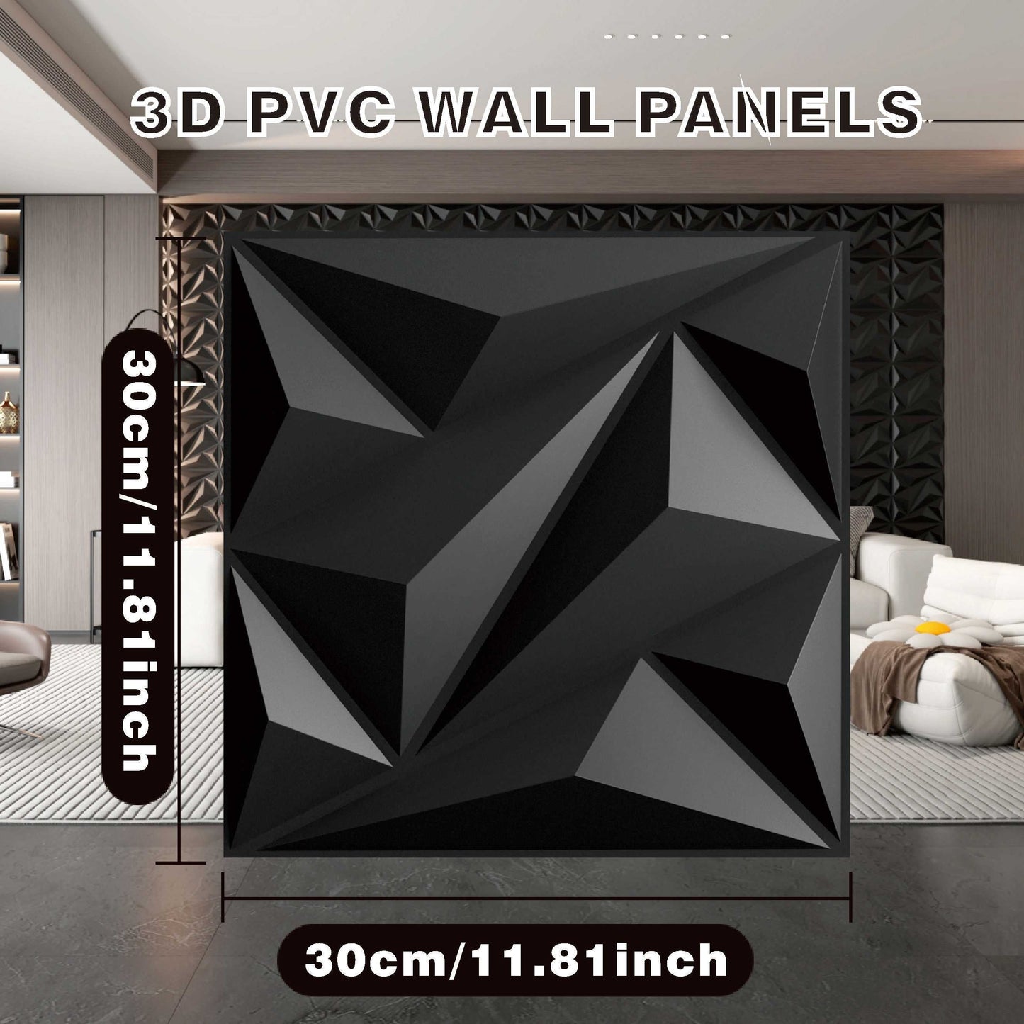 HighPeak PrismWall™ 3D Diamond Wall Panels in black PVC with geometric texture shown in modern living room setting.