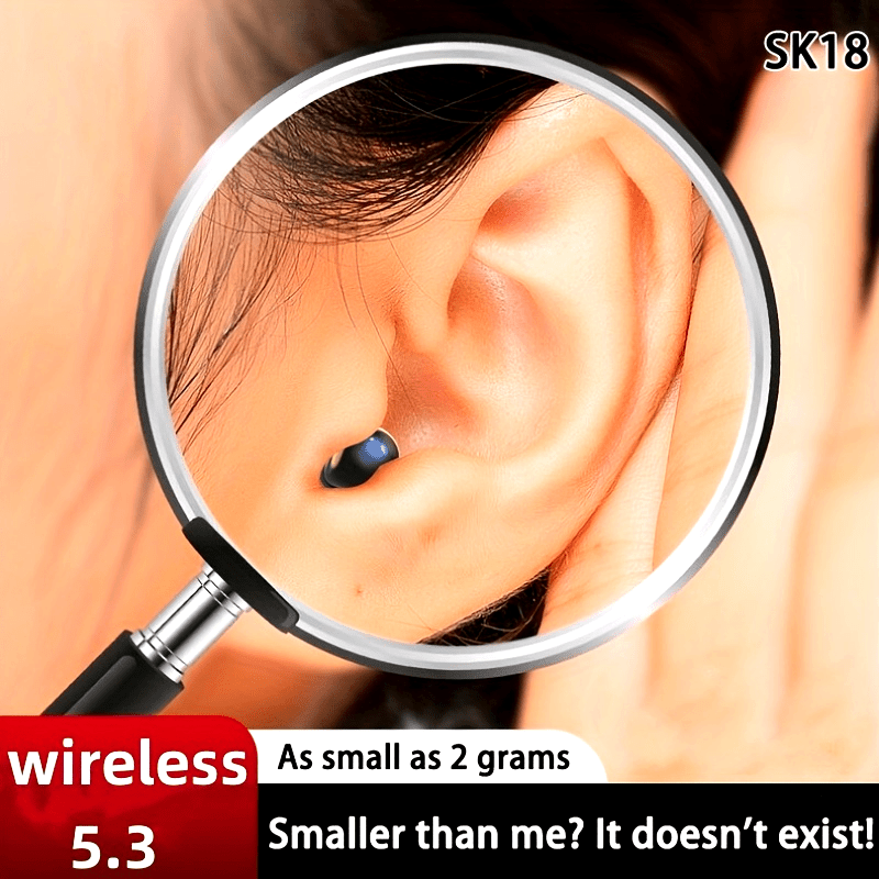 Mini Wireless Earbuds in black worn discreetly in ear with magnifying glass showing HighPeak ultra-lightweight design
