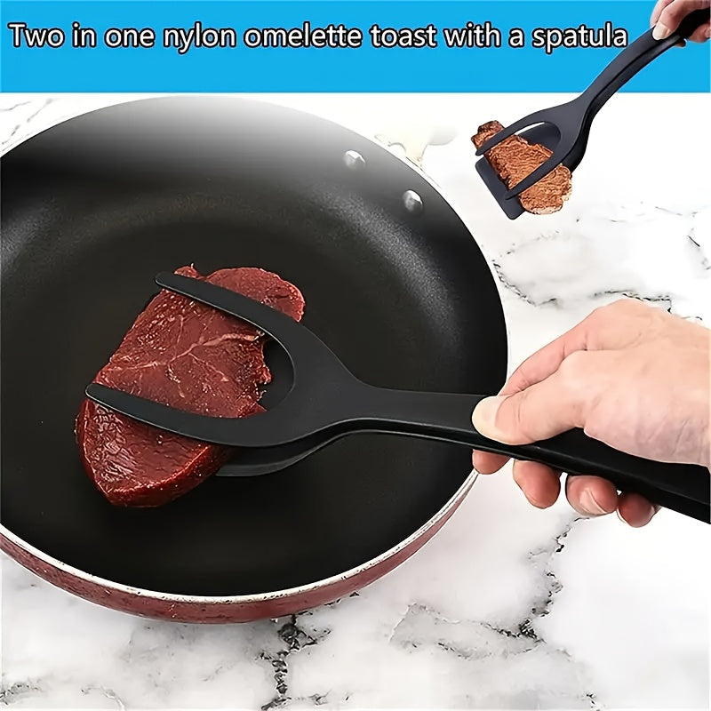 FlipGrip™ 2 in 1 spatula tongs gripping a steak in a non-stick pan, black nylon, durable kitchen tool by HighPeak