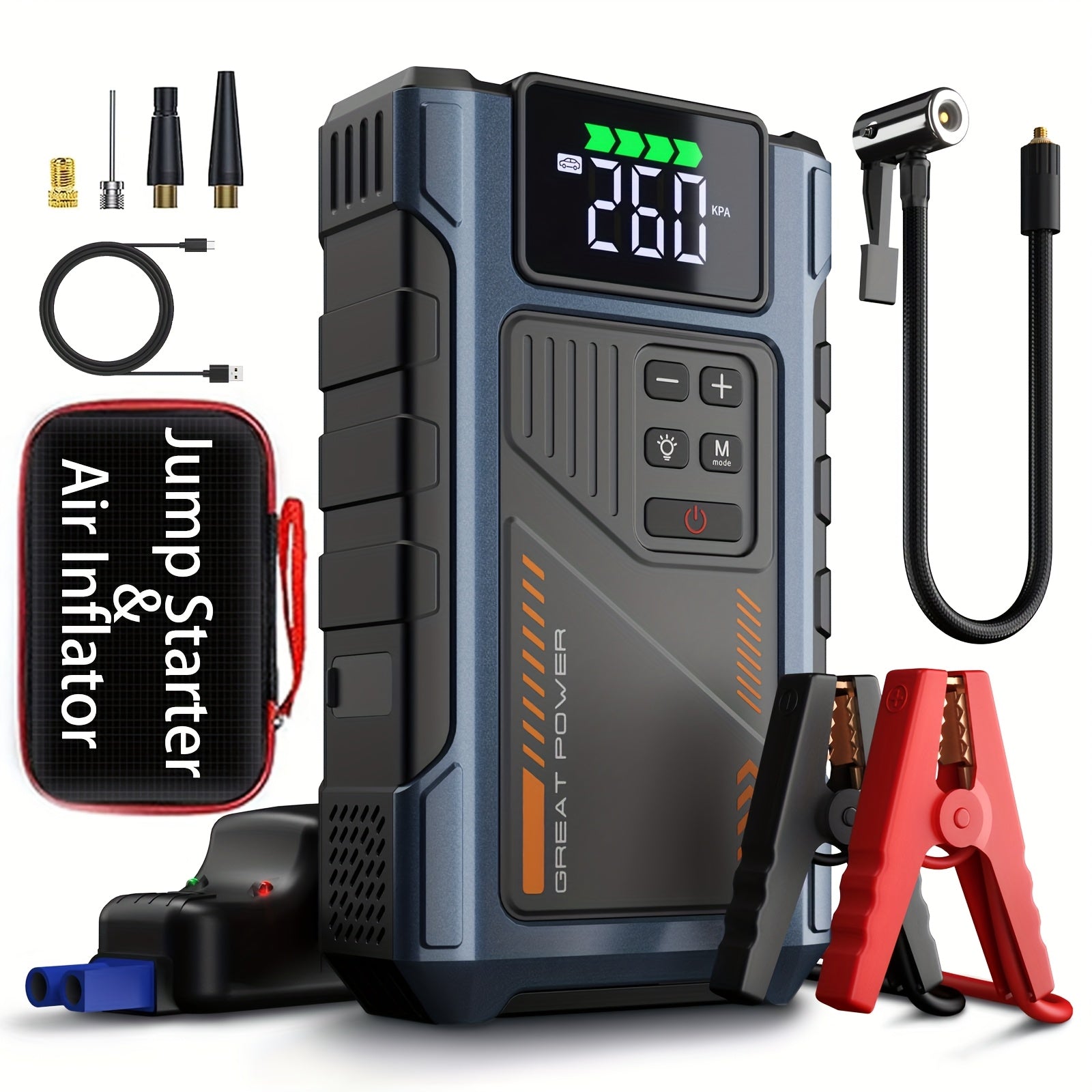 RoadRevive™ jump starter and air inflator kit in black and gray with digital display and accessories for emergency car use