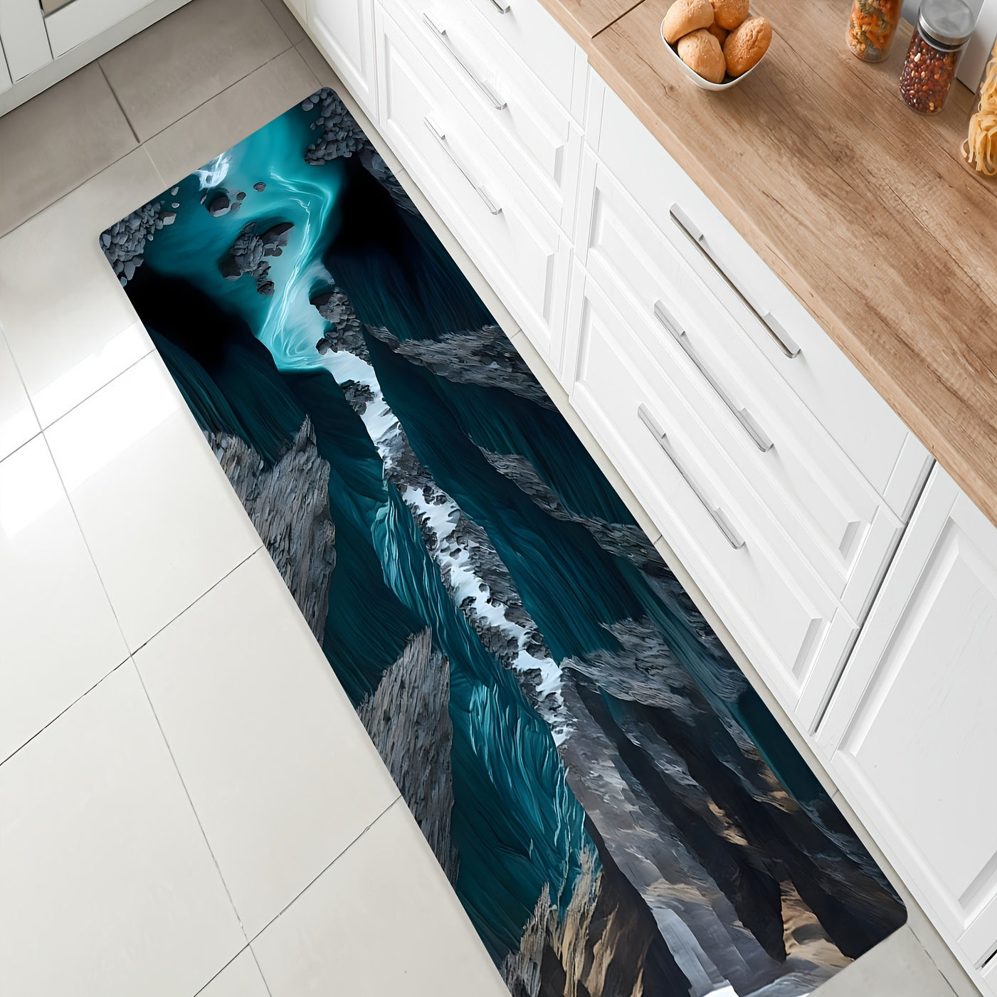 AquaCanyon 3D Nature Runner Rug featuring turquoise river flowing through rocky canyon landscape, displayed in kitchen setting