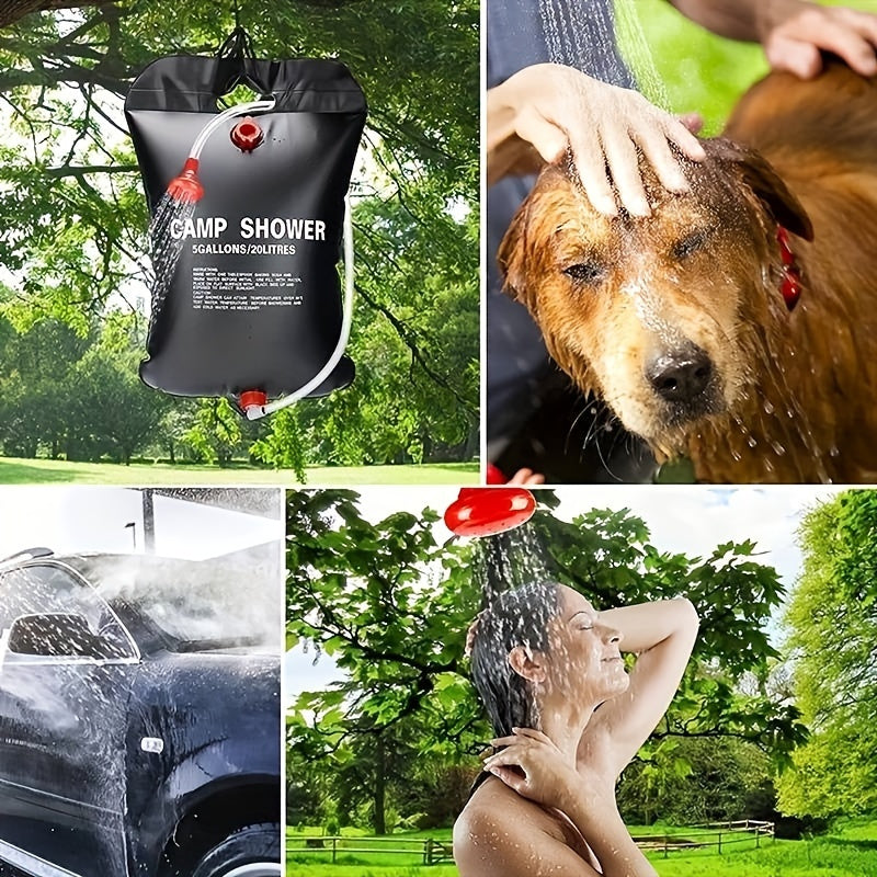 Black portable Camp Shower bag with solar heating hanging outdoors showing versatile cleaning uses in nature settings