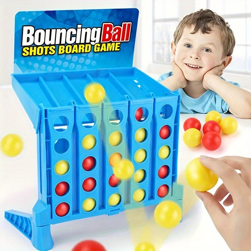BounceConnect 4-in-a-row blue game board with red and yellow bouncing balls, interactive tabletop strategy game setup
