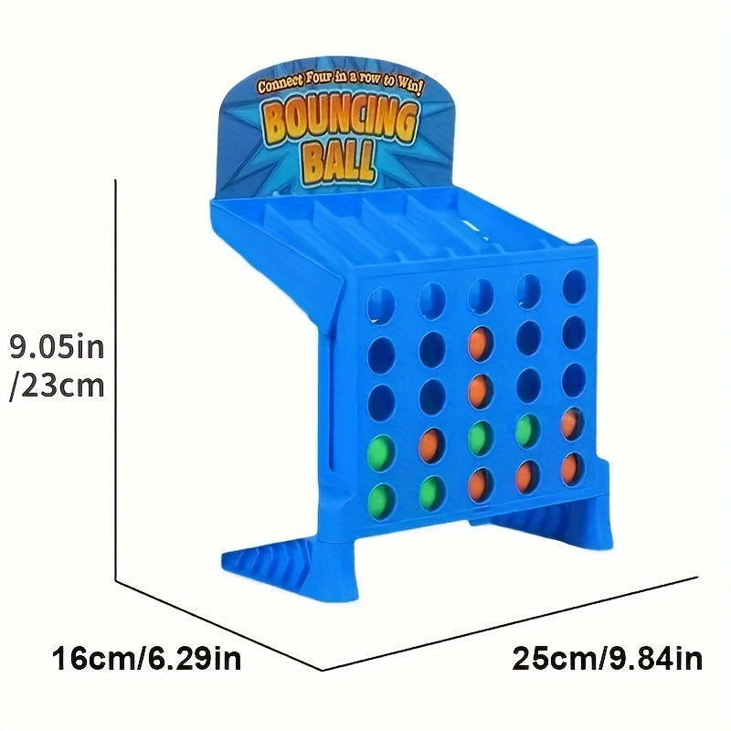 BounceConnect bouncing ball game board in bright blue with colorful game pieces and vertical grid design for interactive play