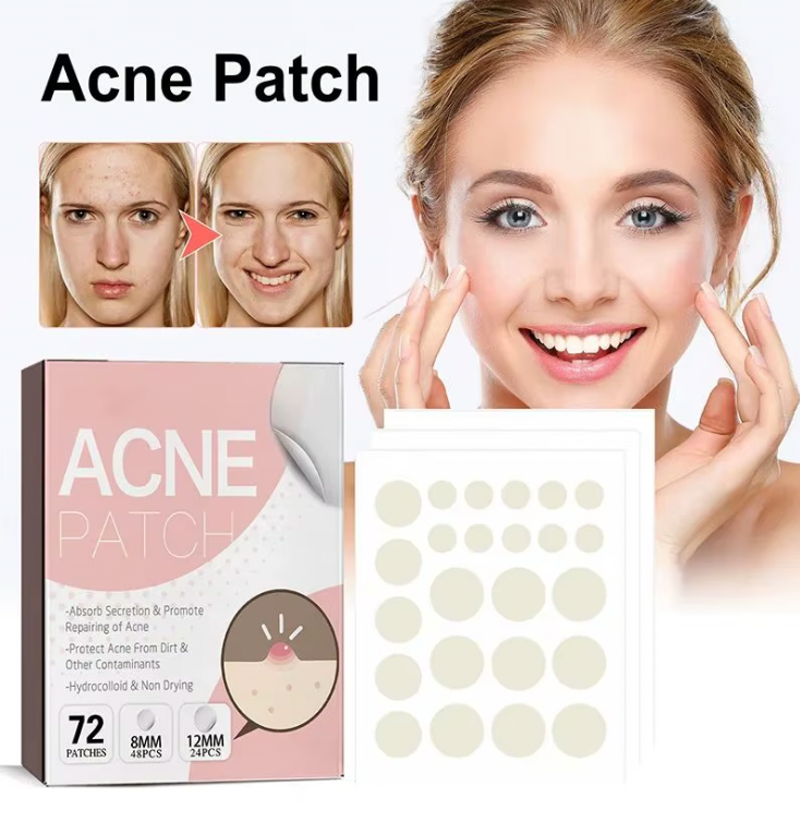 ClearSkin Pimple Patches box showing transparent hydrocolloid spots and product packaging in pink with before-after demonstration