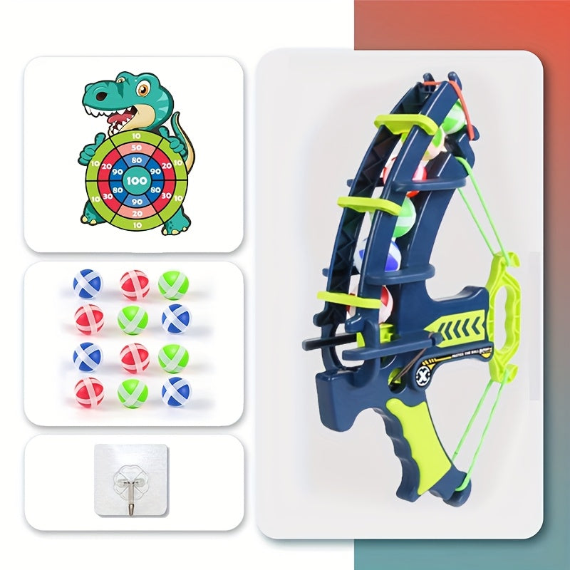 DinoBlaster target game set with navy blue and neon green bow launcher, colorful sticky balls, and dinosaur target board