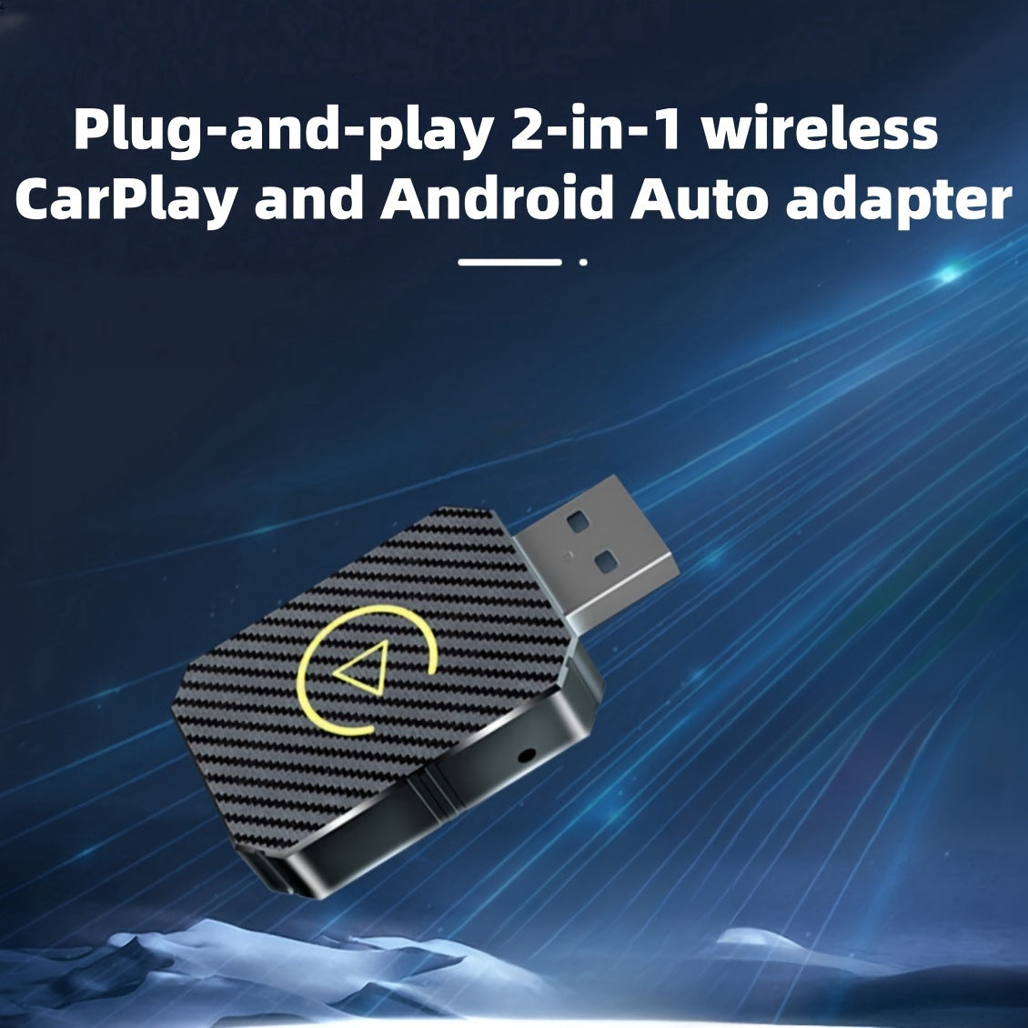 DriveSync wireless CarPlay adapter with carbon fiber design and USB connector on dynamic blue tech background