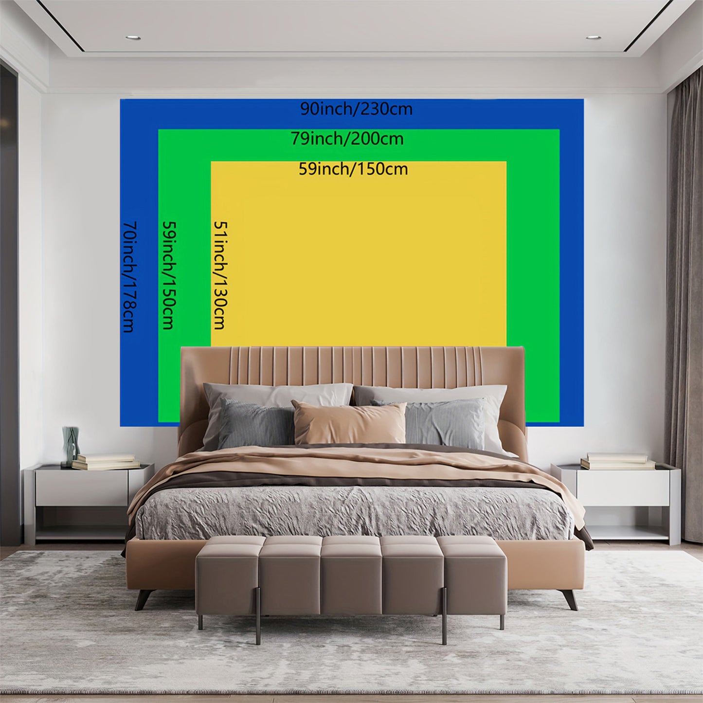 GORILLA BREAKOUT 3D wall tapestry size comparison chart displayed above modern bedroom with beige upholstered bed and neutral decor