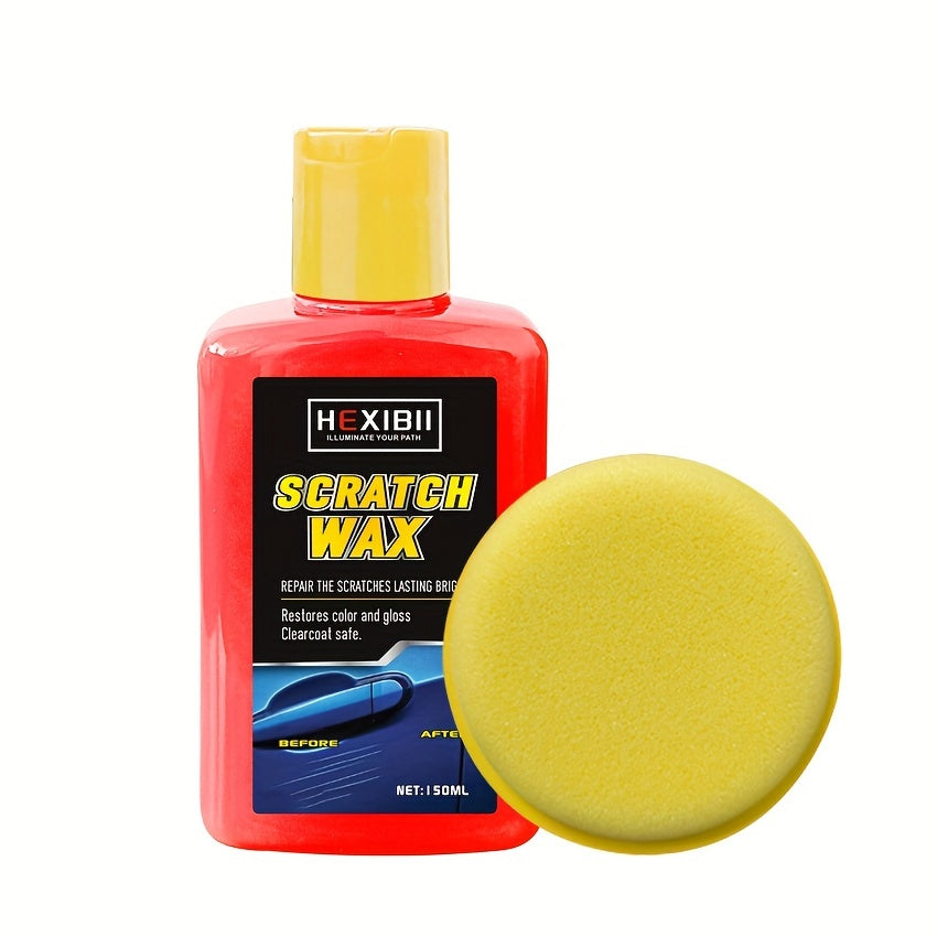 Hexibii Scratch Wax car scratch remover with red liquid formula and yellow applicator sponge for automotive paint repair