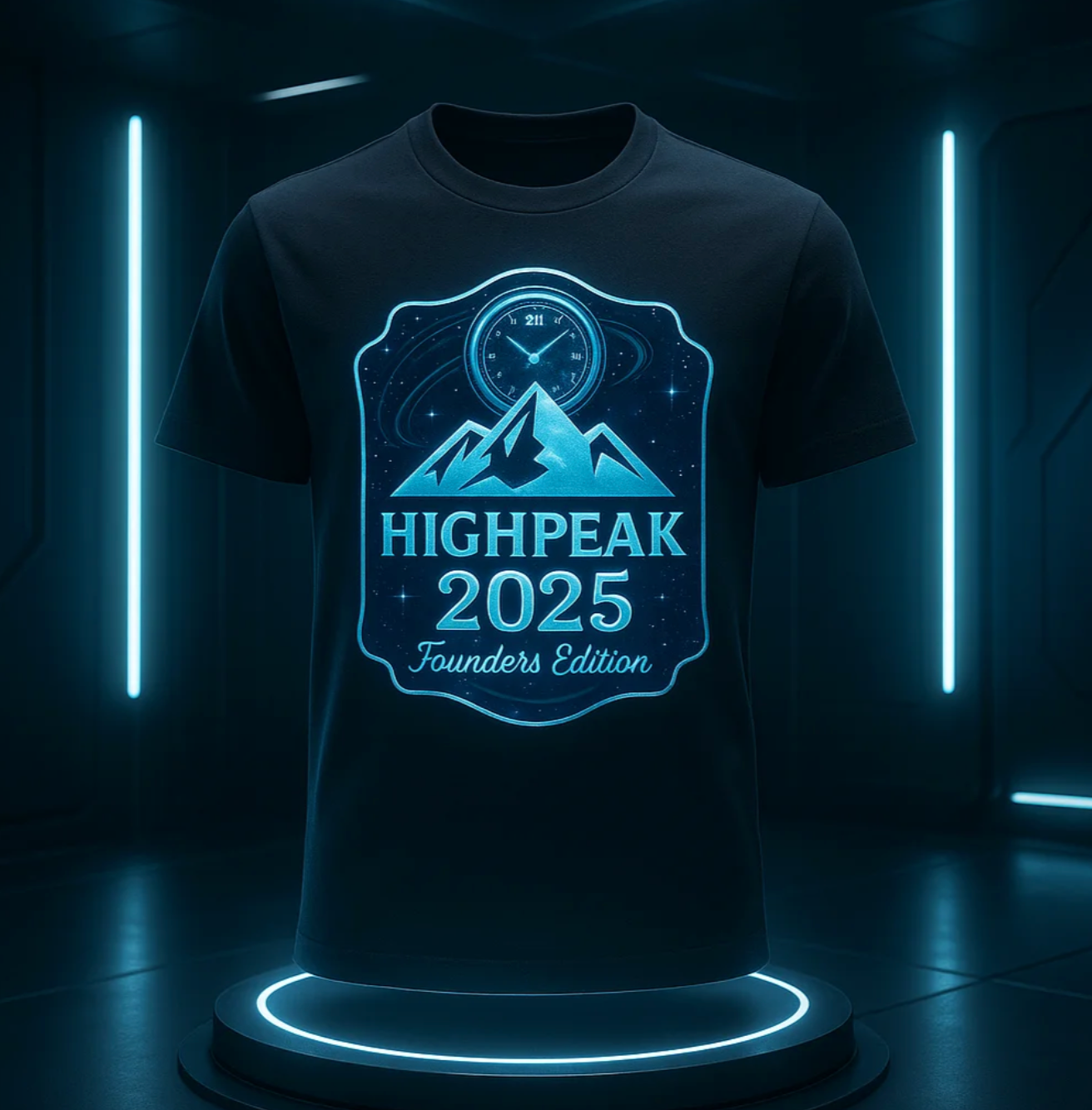 HighPeak 2025 Founders Edition black t-shirt with neon blue mountain logo on display pedestal with glowing accent lights