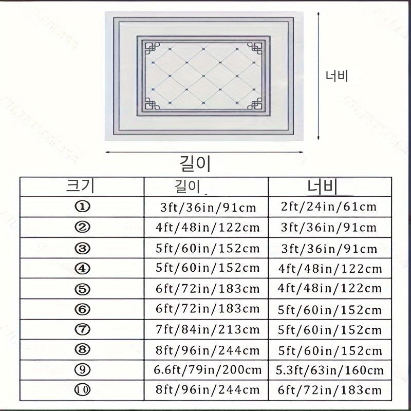 HighPeak CloudLuxe plush area rug size chart showing 10 different dimensions with geometric border pattern design