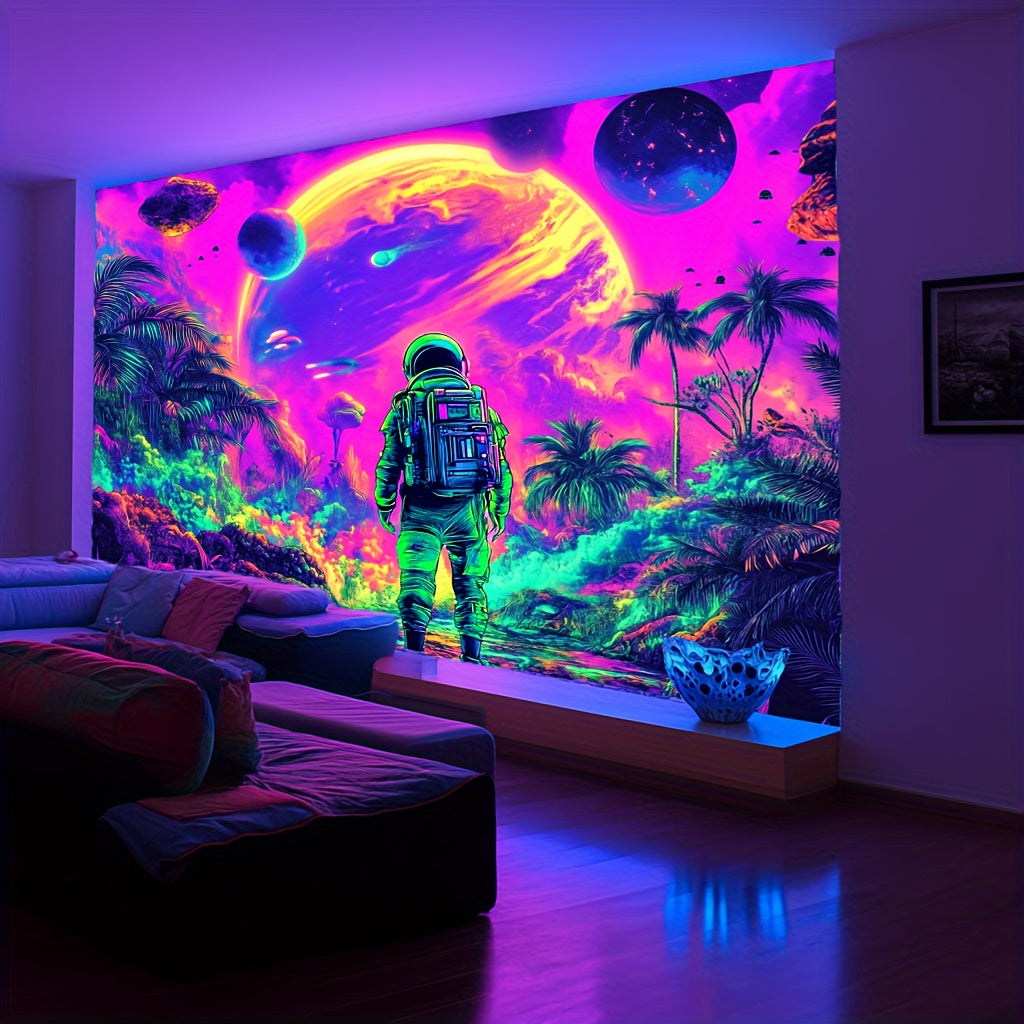 HighPeak Cosmic Odyssey Glow Tapestry displaying neon astronaut on tropical planet with vibrant UV-reactive colors in bedroom setting