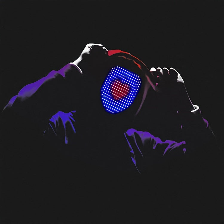 HighPeak Infinity LED Face Mask with blue and red illuminated display pattern on dark background showcasing dynamic lighting effects