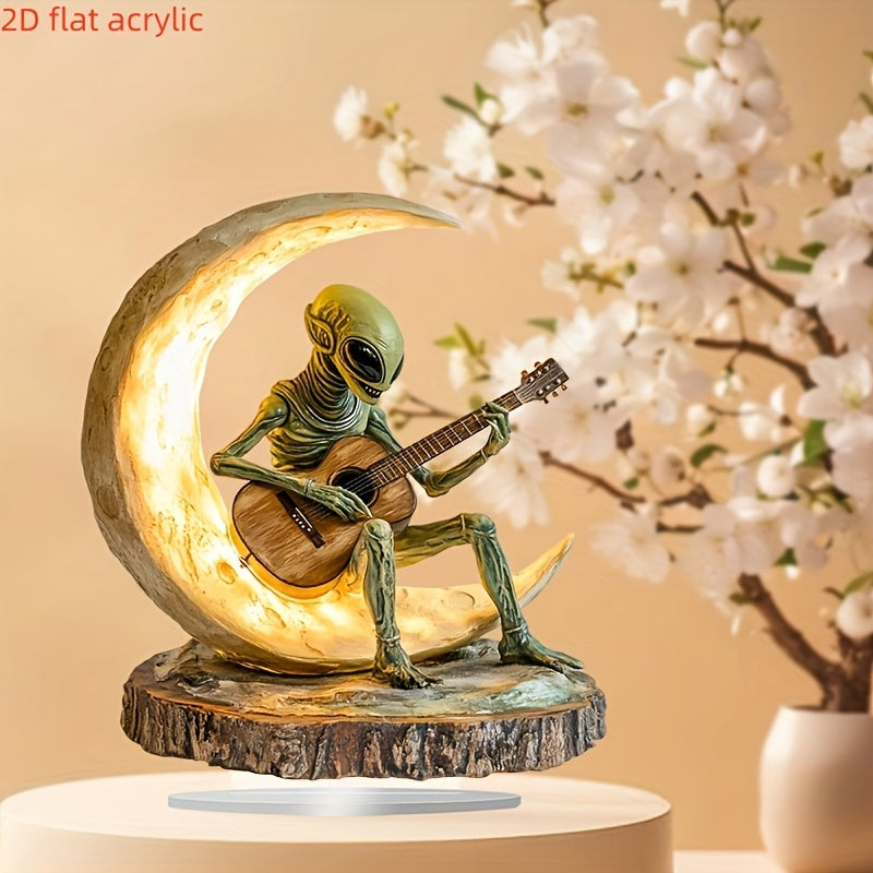 HighPeak Lunar Strummer alien figure playing guitar on illuminated crescent moon - 2D acrylic sculpture with ambient glow