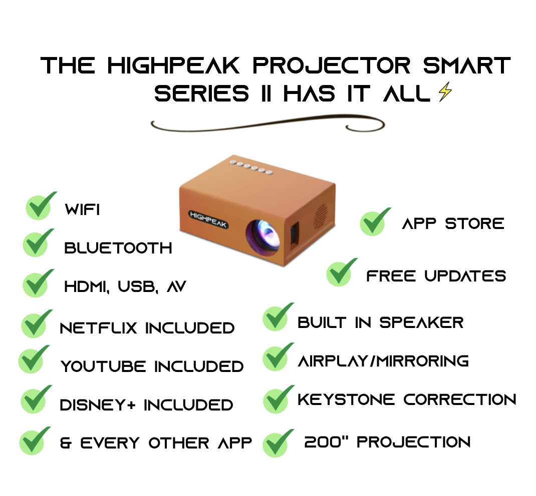 HighPeak MiniProjector SMART Series II in copper brown with blue lens, showcasing connectivity features and streaming capabilities on white background